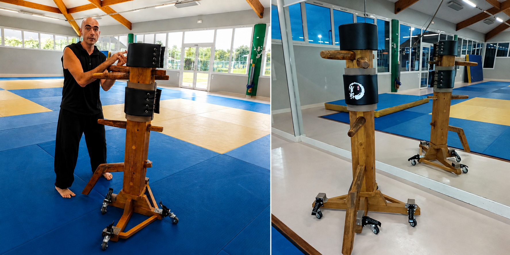Batuo, le mannequin de bois du club, vu sous deux angles dans le dojo