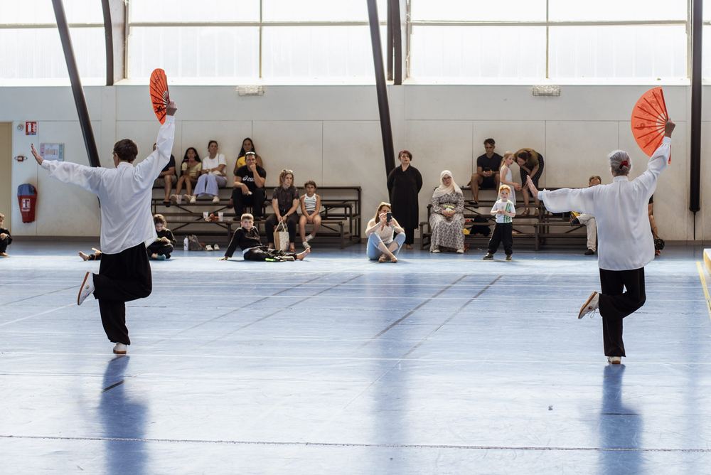Deux pratiquants de Tai Chi Chuan, éventail levé, sur une jambe, pendant le gala
